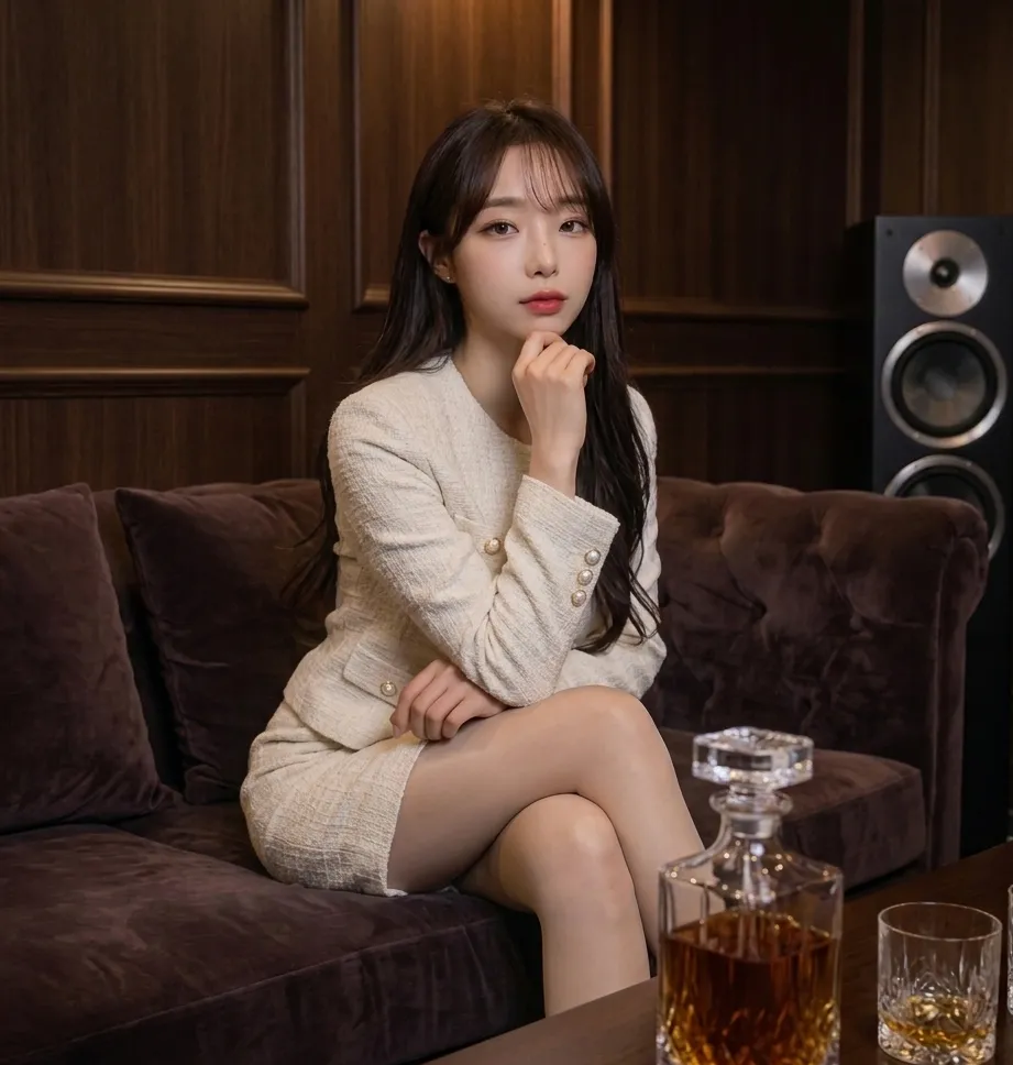 우드 패널로 마감한 유앤미 프라이빗 룸의 소파와 위스키 세팅